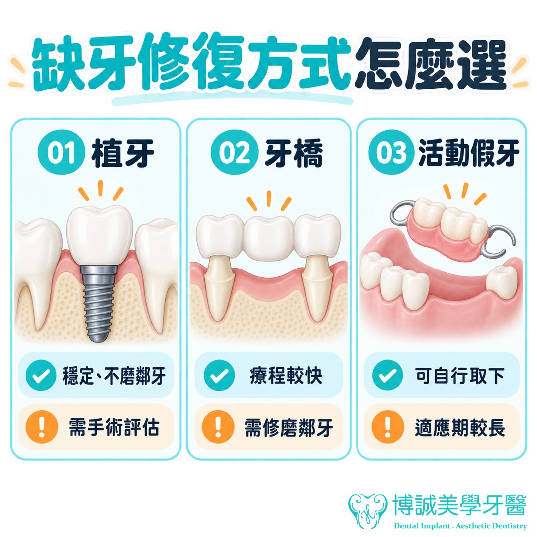 缺牙修復方式比較圖解：植牙穩定不磨鄰牙但需手術評估、牙橋療程較快但需修磨鄰牙、活動假牙可自行取下但適應期較長